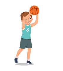 Cute little boy ready to shoot basketball at the rim
