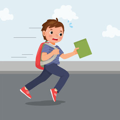 Cute little boy student with backpack running in hurry being late to school
