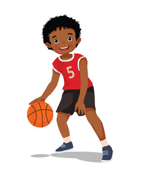 recommend clip art: Cute little African boy with sportswear playing basketball dribbling the ball in action