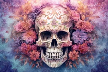 Peel and stick wall murals Aquarel Skull White skull decorated with flowers as for the day of the dead in mexico on a blue background