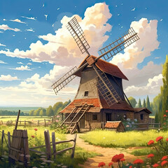 Farmhouse and Windmill Illustration with Meadow and Forest