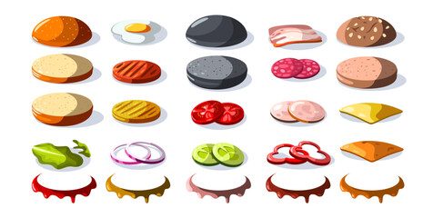 Burger ingredients. Cartoon fast food constructor with cheese sauce onion tomato lettuce cucumber, hamburger with roasted meat sliced flat food. Vector set