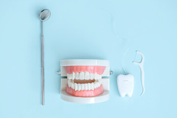 Model of teeth and dental instruments and dental care products over blue background top view copy space flat lay. Tooth care, dental hygiene and health concept.