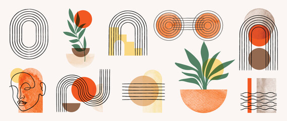 Hand drawn abstract minimal element boho vector set. Aesthetic contemporary stripe line art, organic shapes, scribbles, fox, leaf in earth tone. Art form design for wall art, decoration, wallpaper.  © TWINS DESIGN STUDIO