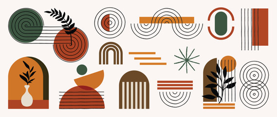 Hand drawn abstract minimal element mid century vector set. Aesthetic contemporary stripe line art, watercolor geometric shapes, women in earth tone. Design for wall art, decoration, wallpaper. 