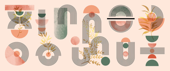 Hand drawn abstract minimal element boho vector set. Aesthetic contemporary stripe line art, organic shapes, scribbles, leaf in earth tone. Art form design for wall art, decoration, wallpaper.  © TWINS DESIGN STUDIO