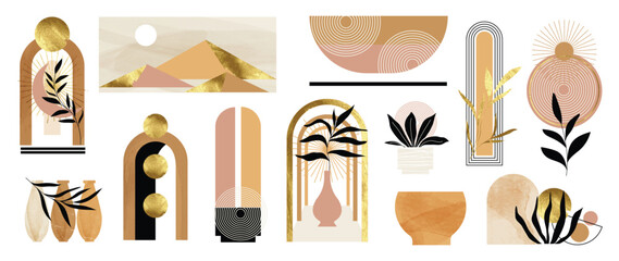 Hand drawn abstract minimal element boho vector set. Aesthetic contemporary stripe line art, organic shapes, scribbles, flowers in earth tone. Art form design for wall art, decoration, wallpaper. 