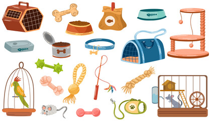 Pet shop assortment, animal accessories. Set of store supply items for domestic pets, beds, animal food, toys, transportation, rat cage, collars and feed. Vector hand draw illustration.