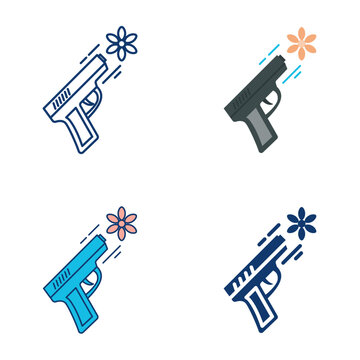 Gun shooting flower icon set