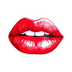 Glossy colored and sexy red lips. Vector illustration isolated on white background. Hot kiss sticker lips with red lipstick