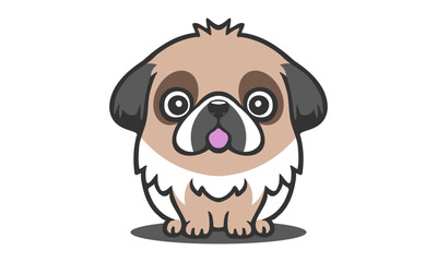 Vector cartoon funny cute sitting little Pekingese breed puppy. Sticker, icon or badge. Isolated white background.