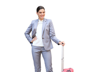 Portrait of successful business woman traveling with case at airport on a transparent background....