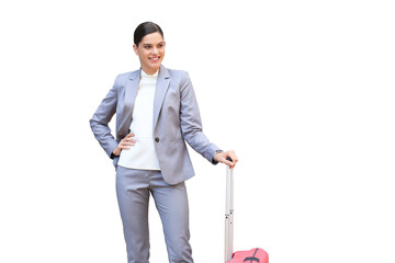 Portrait of successful business woman traveling with case at airport on a transparent background. Beautiful stylish female travel with luggage.