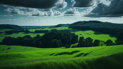 Beautiful landscape with green meadow and dark stormy sky.