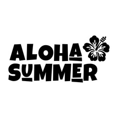 Logo vacaciones en Hawái. Letras de la palabra aloha summer con letras estilo hawaiano con silueta de flor de hibisco