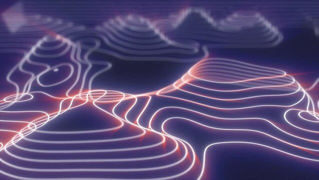Abstract purple looped futuristic hi-tech landscape with mountains and canyons from glowing energy circles and magic lines background