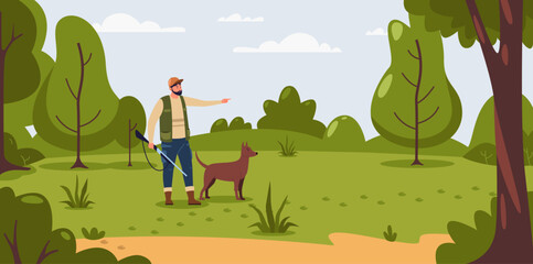 Hunting illustration. Cartoon hunter holding gun and aiming at target with weapon and equipment, nature recreational activity flat style. Vector illustration