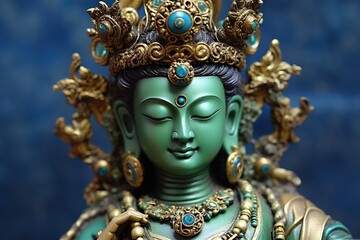 Peaceful Green Tara Buddha in meditation, illustration, generative ai - obrazy, fototapety, plakaty
