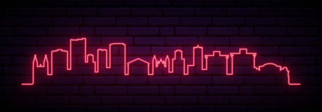 Red neon skyline of Maracaibo. Bright Maracaibo long banner. Vector illustration.