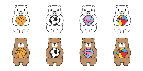 Fototapeta premium Bear vector polar bear icon sport beach ball soccer football basketball volleyball character cartoon logo teddy symbol doodle animal illustration isolated design