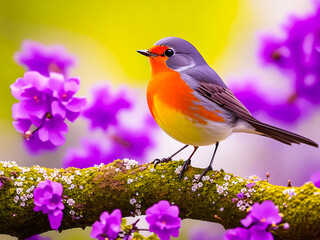 Fototapeta premium Robin bird in Spring season on a tree branch covered with flowers.