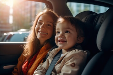 A woman and a child sitting in a car