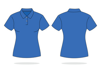 Women's Blank Blue Short Sleeve Polo Shirt Template On White Background.Front and Back View, Vector File