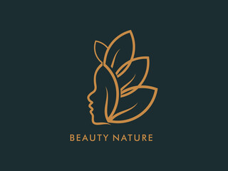 Beautiful woman's face with leaf logo design template. Creative premium symbol for beauty salon, massage, magazine, cosmetic and spa.