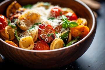 bowl of Orecchiette pasta with roasted vegetables and a sprinkle of parmesan cheese