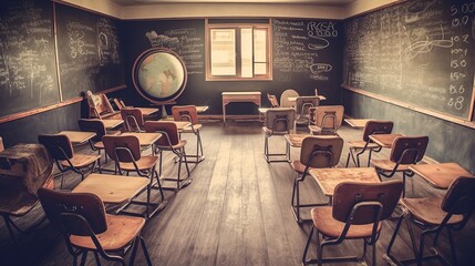 Captivating classroom: vintage wooden chairs, attentive students, and inspirational chalkboard in a ready-for-school setting, Generative AI