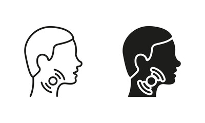 Sore Throat Line and Silhouette Icon Set. Painful Sore Throat Symbol Collection. Male Head with Symptoms of Angina, Flu, Cold Pictogram. Isolated Vector illustration