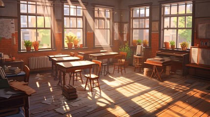 Step back in time: Embracing vintage elegance in an empty classroom, Generative AI