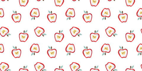 Summer bright seamless pattern with cute apples on a white background. Pattern for textiles, wrapping paper, backgrounds, wallpapers, decor