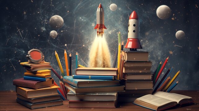 Launching Knowledge to new Heights: Back To School Essentials, Books and Pencils with Rocket Sketch, Generative AI