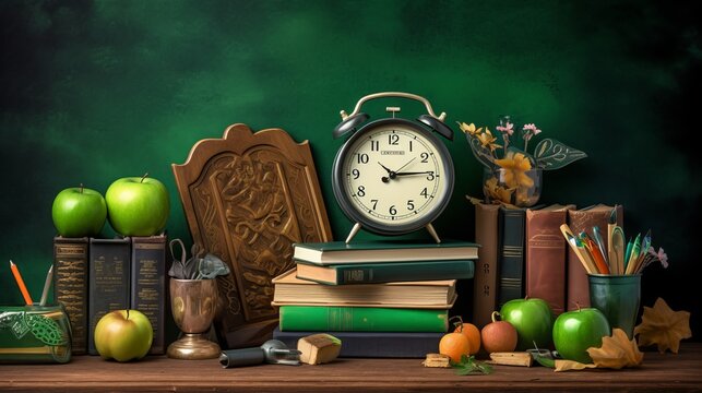 Captivating Back-to-School concept: erased chalkboard and essential supplies - clock and books - education and school concept, Generative AI
