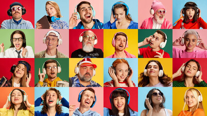 Collage made of portraits of different people, men and women listening to music against multicolored background. Leisure. Concept of human emotions, lifestyle, facial expression. Ad