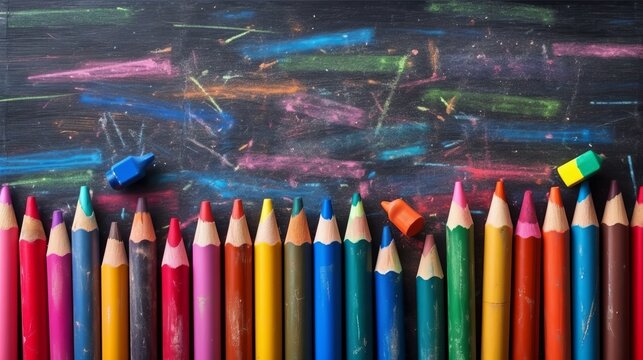 vibrant crayons on blackboard: back to school drawing - colorful and engaging school concept, Generative AI