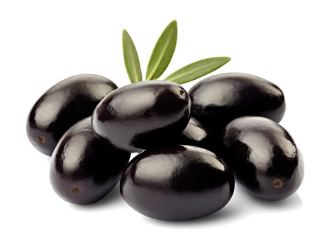Black olives with leaves isolated on transparent or white background, png