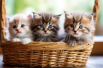 Fototapeta na wymiar Three cute kittens are sitting in a wicker basket .Generative AI