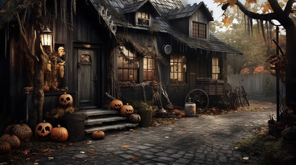 ai generative home decoration scene for halloween in rustic and old home 