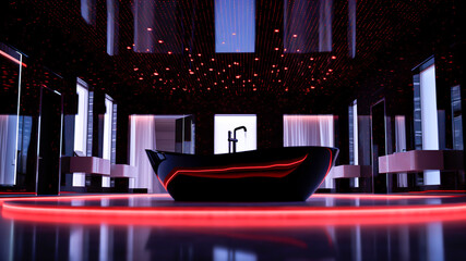 A dark modern bathroom with black bathtub and red lights. Generative AI.