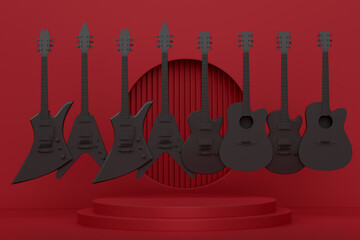 Acoustic guitars and drums with cymbals on podium on monochrome background.