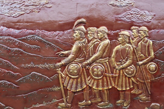 Kathmandu, Bagmati Nepal- June 9 2023: 3D painting and wall mural showing the glorious past of the Gurkha warriors from Nepal who rules over Himalayas under Prithvi Narayan in Shah dynasty.