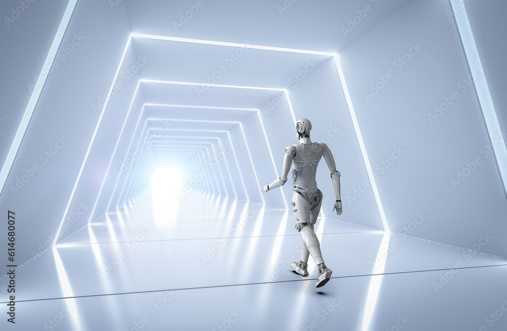 Poster robot move forward through future