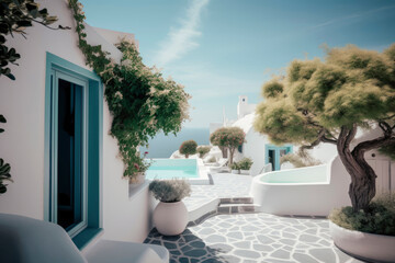 Fototapeta premium Cozy mediterranean street. Modern white elegant greek house exterior with sea view, blue door and blooming plant climbing a wall. Traditional villa of Santorini. Generative AI, human enhanced