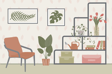 nterior design of the living room with furniture: armchair, shelves, paintings, indoor plants, watering can, fresh flowers in a glass vase, storage boxes, folders. Vector illustration. Flat style.