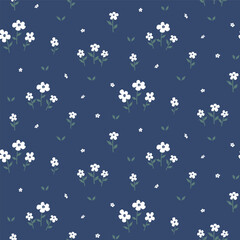 Fototapeta na wymiar Floral seamless pattern. White flowers and green leaves on navy background