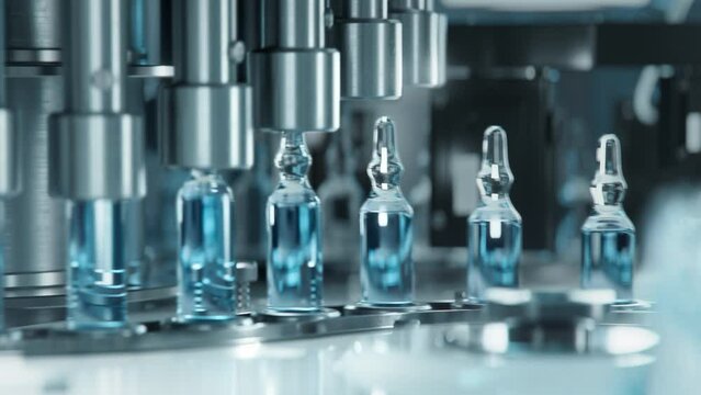 Medication Manufacturing Process. Glass Ampoules are Being Filled on Conveyor Belt. Medical Ampoule Production Line at Modern Modern Pharmaceutical Factory.