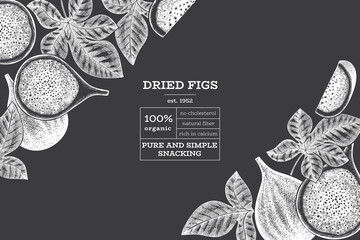 Hand drawn fig fruits design template. Organic fresh food vector illustration on chalk board. Retro fig fruit banner.