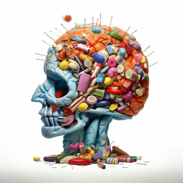 Brain of a drug addict, thoughts, industry, human skull close-up, drugs, head of a sick person, head of an addicted person, created with AI